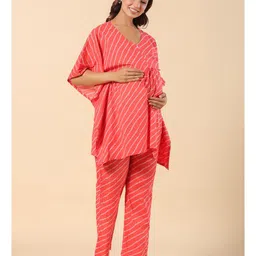 Ikk Kudi by Seerat Cotton Woven Three Fourth Batwing Sleeves Bandhej Design Kaftan Top With Zipper Nursing Access & Pant Set - Pink image 5