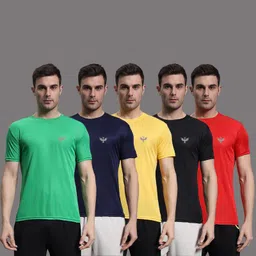 inktees Pack of 5 Men Solid Round Neck Polyester Multicolor T-Shirt-picture-17