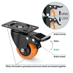 Implemental 360° Top Plate Caster Wheels with Lock 1.5 inch Swivel Polyurethane Orange & Black (Pack of 4) image 3