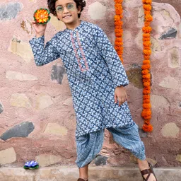 Babyhug 100% Cotton Full Sleeves Woven Floral Printed Kurta Dhoti Set - Blue-image-72