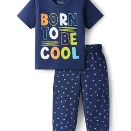Honeyhap Premium Cotton Knit Half Sleeves Bio Finish Night Suit with Text & Star Print - Navy Peony image 1