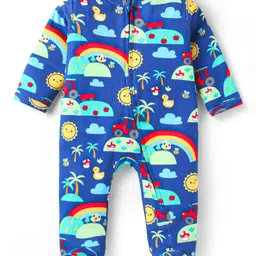 Babyhug Cotton Knit Full Sleeves Footed Sleep Suit With Animals & Vehicle Print - Navy Blue-picture-39