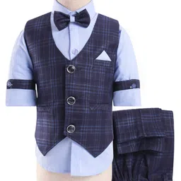 Rikidoos Full Sleeves Solid Shirt With Checked Waistcoat Pant & Bow - Light & Navy Blue-picture-24