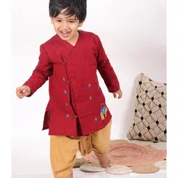 Little Ginnie Cotton Full Sleeves Floral & Elephant Embroidered Kurta & Dhoti Set - Maroon-image-87