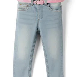 Babyhug Denim Full Length Washed Jeans With Stretch & Belt - Light Blue-picture-27