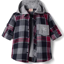 Rikidoos Full Sleeves Checked Shirt With Attached Solid Hooded Tee - Navy Blue & Grey-picture-19