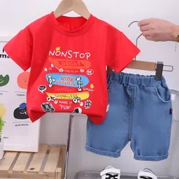 Googo Gaaga Cotton Woven Half Sleeves Non Stop Text Printed Tee & Shorts Set - Red-image-75