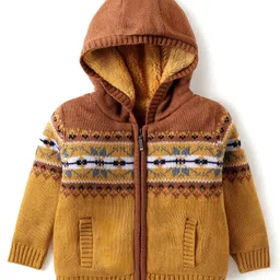 Babyhug Knitted Full Sleeves Hooded Front Open Sweater With Aztec Design - Mustard-picture-10