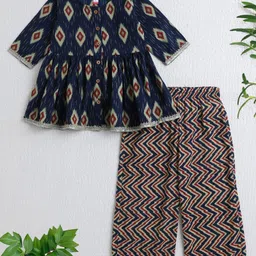 The Magic Wand Cotton Woven Three Fourth Sleeves Ikat Printed Top & Palazzo Set - Navy Blue-picture-29