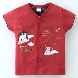 Cucumber Cotton Sinker Knit Half Sleeves Night Suit Penguin Print - Red image 2