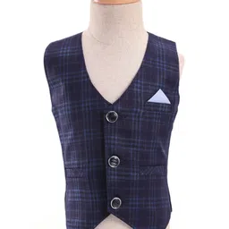 Rikidoos Full Sleeves Solid Shirt With Checked Waistcoat Pant & Bow - Light & Navy Blue image 2