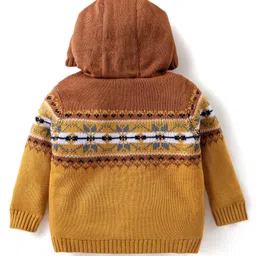 Babyhug Knitted Full Sleeves Hooded Front Open Sweater With Aztec Design - Mustard image 2