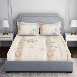 SPACES Beige & Blue Floral 130 TC Queen Bedsheet with 2 Pillow Covers-picture-38