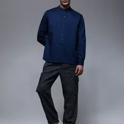 Paper Cut Oversized Solid Cotton Mandarin Collar Casual Shirt-image-77
