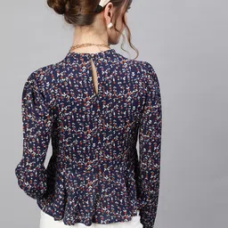 STREET 9 Navy Blue & White Printed Crepe Blouson Top image 2