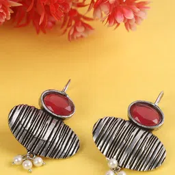PUJVI Artificial Stones Studded And Beaded Oval Shaped Oxidised Drop Earrings-picture-27