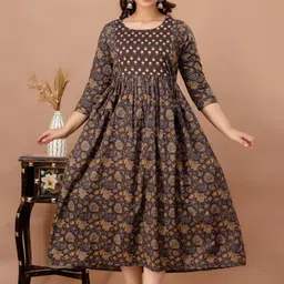 FASHION SWAG Women Printed Cotton Fit &Flared Maternity Midi Ethnic Dresses-image-34