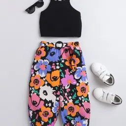 Taffykids Halter Neck Solid Crop Top With Floral Printed Joggers - Black & Multi Colour-image-72