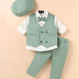 Robo Fry Lycra KnitHalf Sleeves Printed 3 Piece Party Suit with Cap & Bow - Sea Green-picture-22