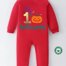BLUSHES 100% Cotton Halloween Theme Full Sleeves Pumpkin & Text Printed Romper - Red-picture-29