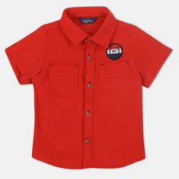 INFINITY Cotton Woven Half Sleeves Patch Embroidered Shirt - Red-image-43