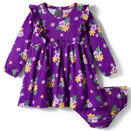 Babyhug Single Jersey Knit Full Sleeves Frock with Bloomer with Floral Print Frill Detailing & Bow Applique - Purple-picture-14