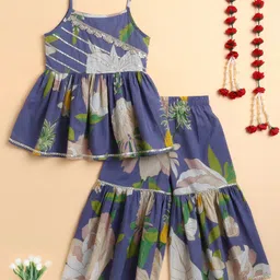The Magic Wand Cotton Woven Sleeveless Floral Printed & Gota Lace Embellished Coordinating Top Sharara Set - Blue-picture-35