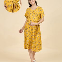 The Kaftan Company Cotton Woven Full Sleeves Floral Printed Maternity Dress With Belt - Mustard-picture-4