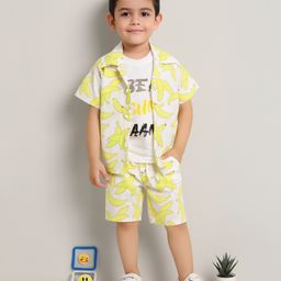 Ministitch Cotton Woven Half Sleeves Bananas Printed Coordinating Shirt & Shorts With Tee Set - Yellow-picture-25