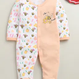 BUMZEE Cotton Knit Full Sleeves Footed Sleepsuit With Floral Print - Peach & White-picture-21
