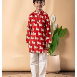 READIPRINT Cotton Woven Full Sleeves Cows Printed Straight Style Kurta Pyjama Set - Red-picture-10
