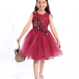 Mark & Mia Sleeveless Party Dress with Floral Corsage Motif & Pearl Detailing - Maroon image 2