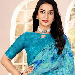 KALINI Floral Printed Saree With Unstiched Blouse Piece image 5