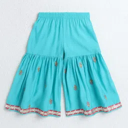 The Magic Wand Woven Half Sleeves Floral Embroidered & Gota Lace Embellished Kurti Sharara With Dupatta Set - Aqua Blue image 4