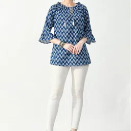 VAAMII Geometric Print Tie-Up Neck Bell Sleeve Cotton Top image 3