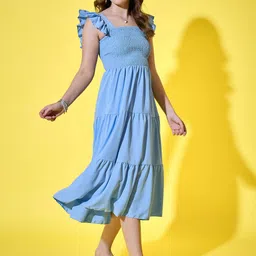 BUY NEW TREND Solid Smocked Tiered Square Neck Flutter Sleeves A-Line Midi Dress image 4