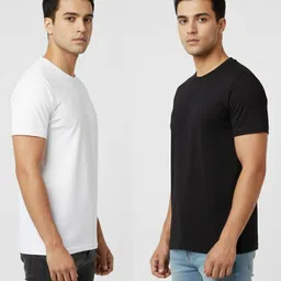 meetri Men Solid Round Neck Polyester Black, White T-Shirt image 4