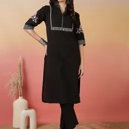 Sangria Black Floral Embroidered Mandarin Collar Pure Cotton Straight Kurta With Trousers image 4