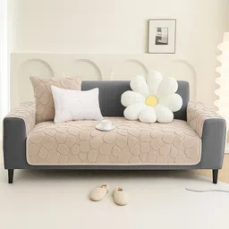 DREAM CARE Beige & Beige Printed 3 Piece Sofa Cover With Arms-picture-28