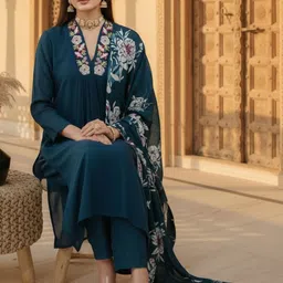 FIDHARA Women Floral Printed Silk Kurta with Trousers & Dupatta image 3