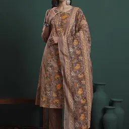 Yufta Women Floral Embroidered Cotton Kurta with Trousers & Dupatta-picture-18