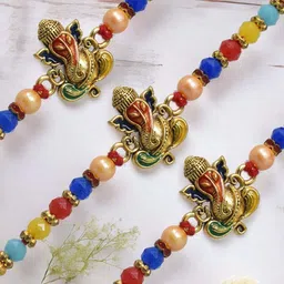 MEIRA JEWELLERY Set Of 3 Kundan Studded Rakhi With Roli Chawal & Greeting Card-picture-14