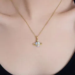 FAB COUTURE Stainless Steel Gold-Plated Studded Waterproof Saturn Quirky Pendant & Chain image 2