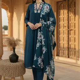 FIDHARA Yoke Design Pleated Thread Work Pure Silk Straight Kurta With Trousers & Dupatta image 3