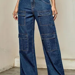 Crazeis Women Comfort Cargo Styles High-Rise Stretchable Wide Leg Jeans-picture-15