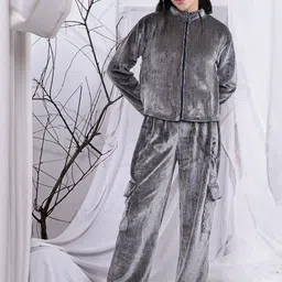 HERE&NOW Women Grey Velvet 2-Piece Co-ord Set-picture-22