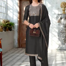 MOJILAA Women Ethnic Motifs Embroidered Regular Kurta with Trousers & With Dupatta-picture-22
