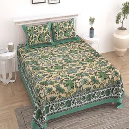 Bombay Spreads Green & Beige Printed Cotton 180 TC Double King Bedsheet Set 2.74m X 2.20m-picture-20