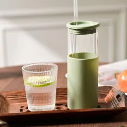 MARKET99 Green & Transparent Glass Water Bottle With Straw 480ml image 4