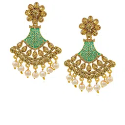 Saizen Gold Plated Kundan Studded & Pearls Beaded Floral Drop Earrings image 5